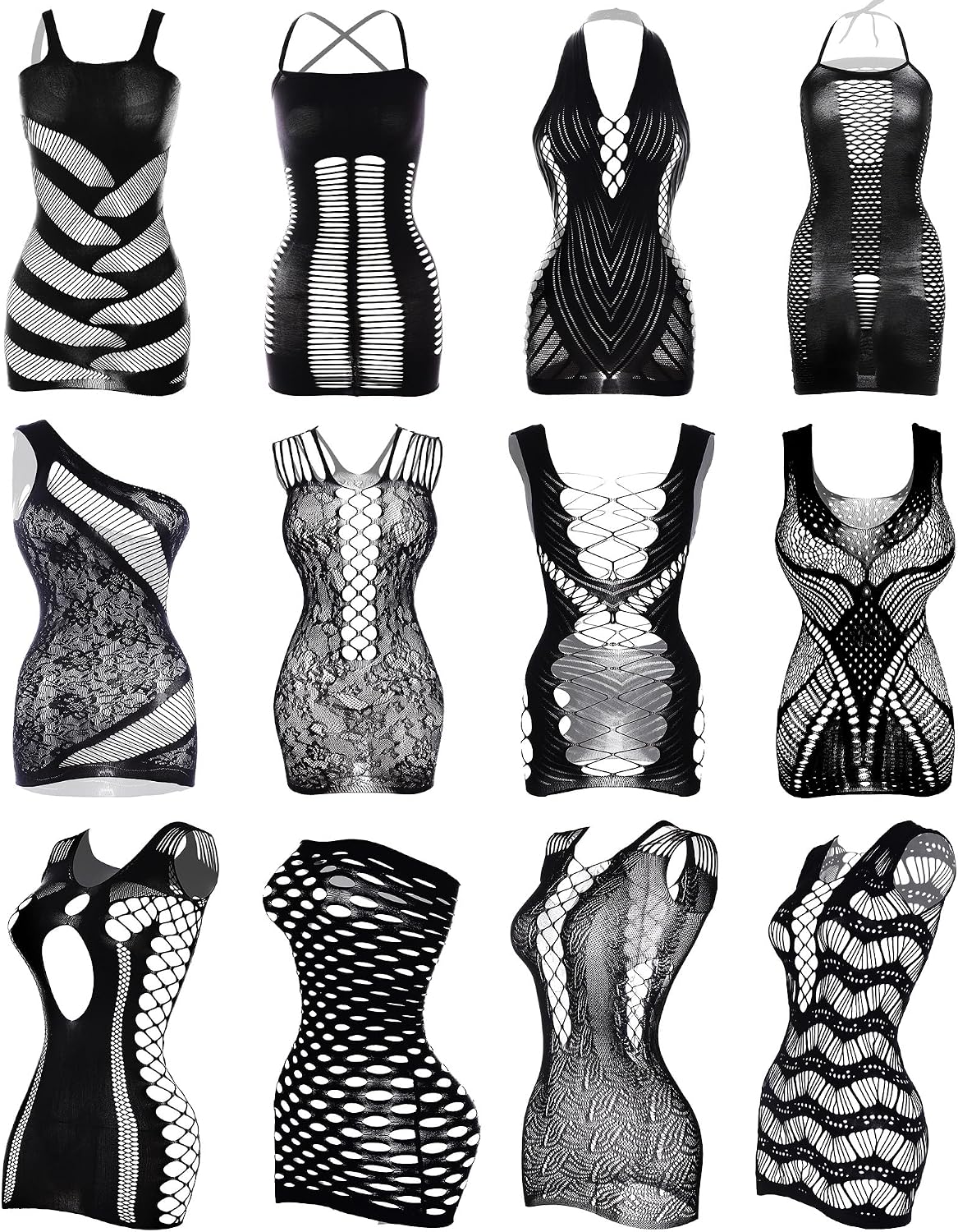 12 Pcs Women's Fishnet Mesh Bodysuit Cover-up Dress Outfits, Sheer Lace Party Outfit, Beachwear