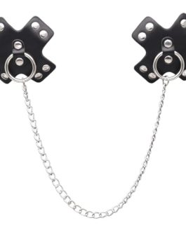 Black Leather Nipple Covers with Body Chain Jewelry Unisex
