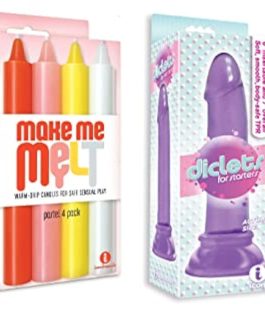 Sex Toy Gift Set Bundle of Make Me Melt Sensual Warm-Drip Candles, 4 Pack, Pastel and Icon Brands Diclets Purple Jelly TPR Dong