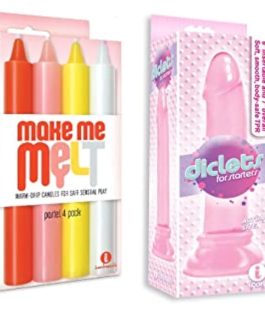 Sex Toy Gift Set Bundle of Make Me Melt Sensual Warm-Drip Candles, 4 Pack, Pastel and Icon Brands Diclets Pink Jelly TPR Dong
