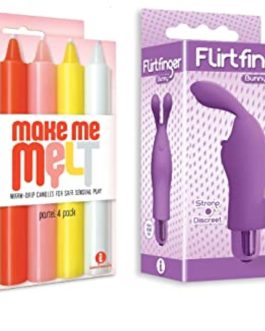 Sex Toy Gift Set Bundle of Make Me Melt Sensual Warm-Drip Candles, 4 Pack, Pastel and Icon Brands Flirt Finger Bunny, Finger Vibrator, Purple