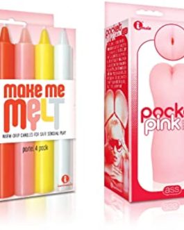 Sexy Gift Set Bundle of Make Me Melt Sensual Warm-Drip Candles, 4 Pack, Pastel and Icon Brands Pocket Pink, Mini Ass Masturbator