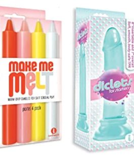 Sex Toy Gift Set Bundle of Make Me Melt Sensual Warm-Drip Candles, 4 Pack, Pastel and Icon Brands Diclets Aqua Jelly TPR Dong