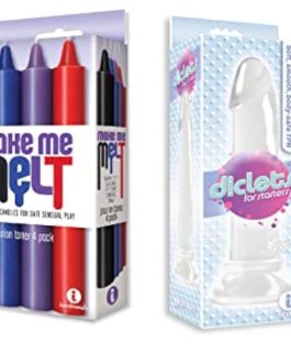 Sex Toy Gift Set Bundle of Make Me Melt Sensual Warm-Drip Candles, 4 Pack, Passion Tones and Icon Brands Diclets Clear Jelly TPR Dong
