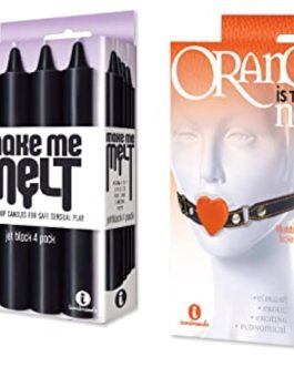 Sex Toy Gift Set Bundle of Make Me Melt Sensual Warm-Drip Candles, 4 Pack, Jet Black and Icon Brands The Orange is The New Black Silicone Heart Gag