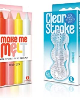 Sexy, Kinky Gift Set Bundle of Make Me Melt Sensual Warm-Drip Candles, 4 Pack, Pastel and Icon Brands Clear Stroke – Threeway, Masturbator