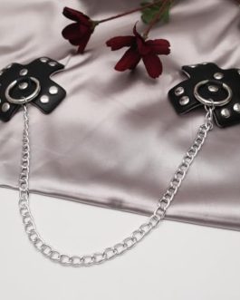 Black Leather Nipple Covers with Body Chain Jewelry Unisex