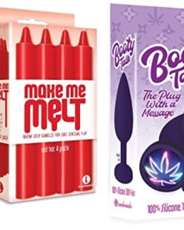 Sex Toy Gift Set Bundle of Make Me Melt Sensual Warm-Drip Candles, 4 Pack, Red Hot and Icon Brands Booty Talk, Silicone Butt Plug, Purple, Neon Leaf