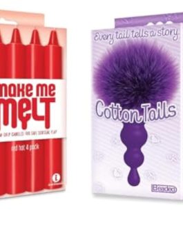 Sex Toy Gift Set Bundle of Make Me Melt Sensual Warm-Drip Candles, 4 Pack, Red Hot and Icon Brands Cottontails, Silicone Bunny Tail Butt Plug, Beaded, Purple Plus Powerful 3.5 inch mini Vibe