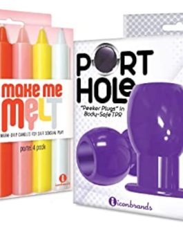 Sex Toy Gift Set Bundle of Make Me Melt Sensual Warm-Drip Candles, 4 Pack, Pastel and Icon Brands Port Hole, Hollow Butt Plug, Purple
