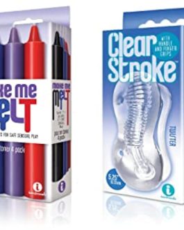 Sexy, Kinky Gift Set Bundle of Make Me Melt Sensual Warm-Drip Candles, 4 Pack, Passion Tones and Icon Brands Clear Stroke – Twister, Masturbator