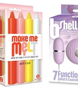 Sex Toy Gift Set Bundle of Make Me Melt Sensual Warm-Drip Candles, 4 Pack, Pastel and Icon Brands b-Shell, Bullet Vibe, Purple