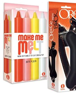 Sex Toy Gift Set Bundle of Make Me Melt Sensual Warm-Drip Candles, 4 Pack, Pastel and Icon Brands The Orange is The New Black Silicone Bone Gag