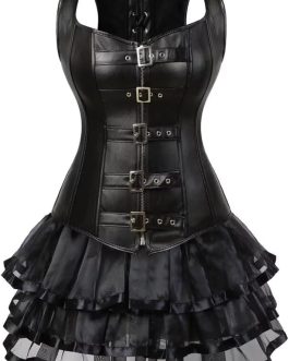 Plus Size Steampunk Leather Corset Dress Bustier Skirt Set