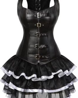 Plus Size Steampunk Leather Corset Dress Bustier Skirt Set