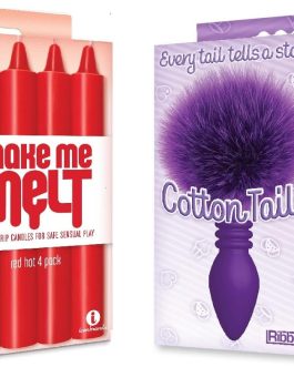 Sex Toy Gift Set Bundle of Make Me Melt Sensual Warm-Drip Candles, 4 Pack, Red Hot and Icon Brands Cottontails, Silicone Bunny Tail Butt Plug, Ribbed Purple