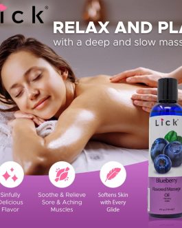 Blueberry Flavored Massage Oil – Sweet Berry Edible Massage Oil with Sweet Almond Oil & Vitamin E, Lightweight Smooth Glide for Couples Massage & Play, 4 oz