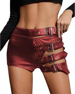 OYOANGLE Women’s Low Rise Leather Mini Rave Shorts