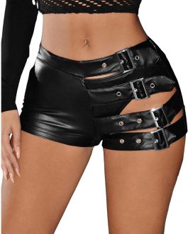 OYOANGLE Women’s Low Rise Leather Mini Rave Shorts
