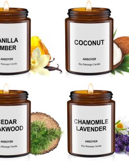 4PCS Massage Candles for Massage Therapy -Soy +Hemp Seed Oil, Body Oil Lotion Candle- Gift Set-18.08OZ (Lavender, Rum Raisins, Coffee Vodka, Tobacco Vanilla)